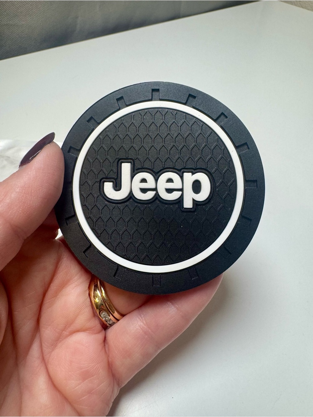 NIB Jeep Black & White Rubber Coaster / Emblem